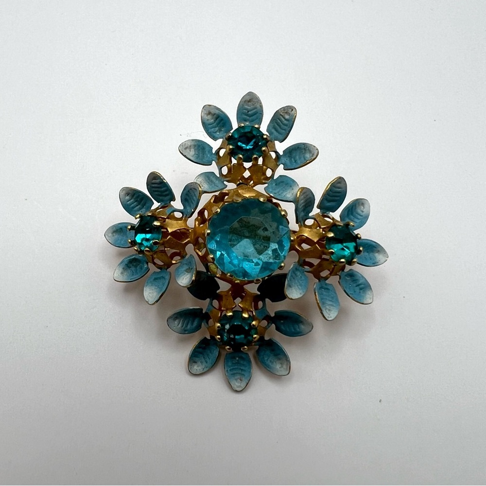 Vintage Signed Made Austria Gold Tone & Blue Rhinestone Enamel Flower Brooch - Picture 2 of 6